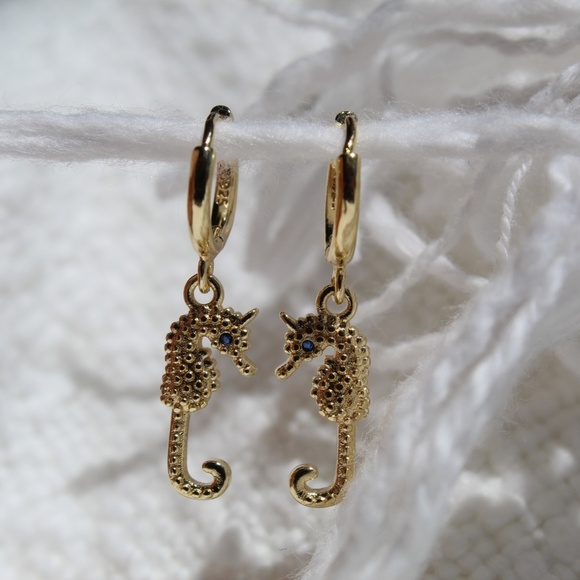 Sterling Silver Gold SeaHorse Hoop Earrings - Picture 2 of 5